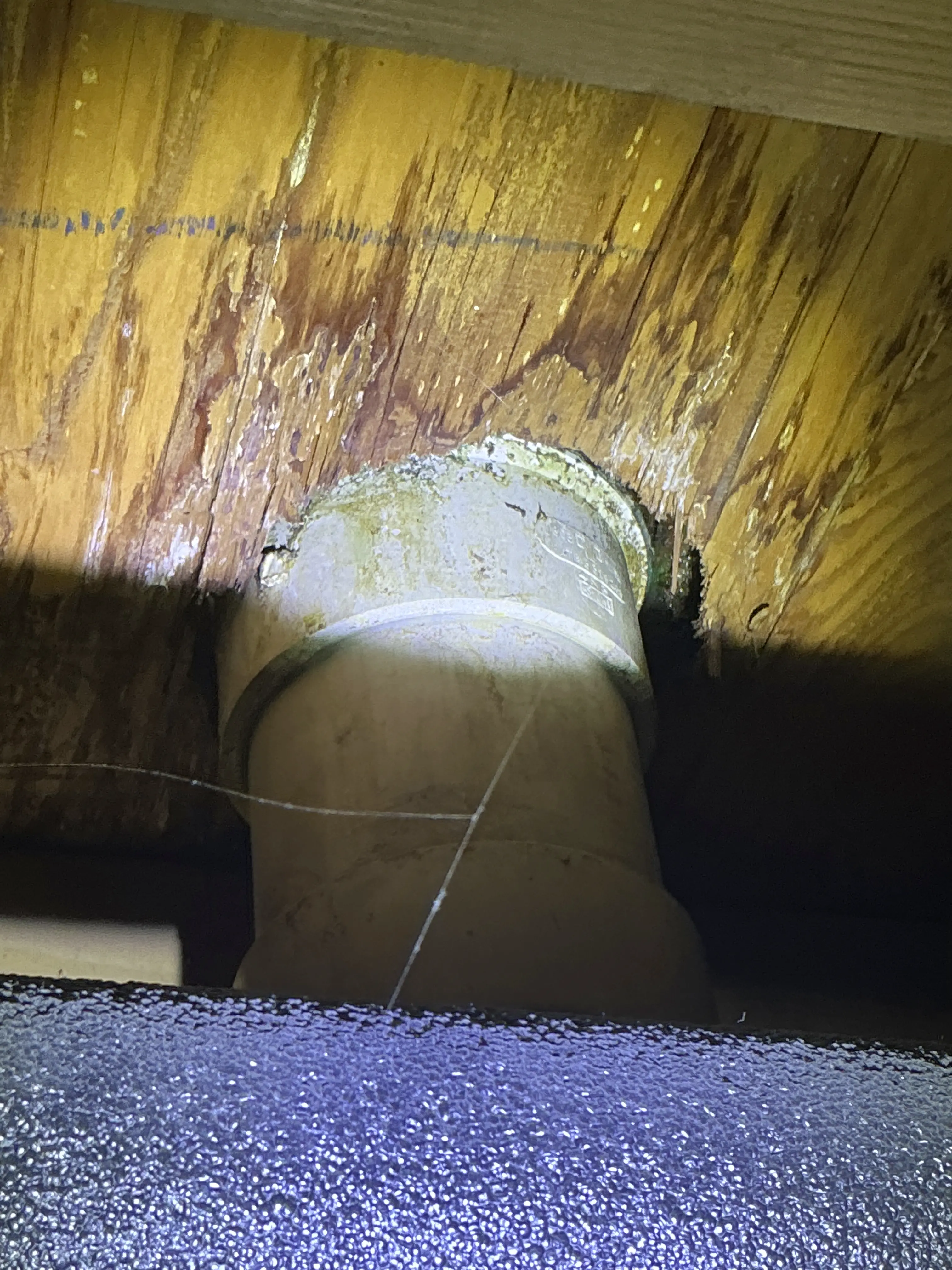 Water staining and wood deterioration around a PVC plumbing pipe penetration under a subfloor 2026-07-20