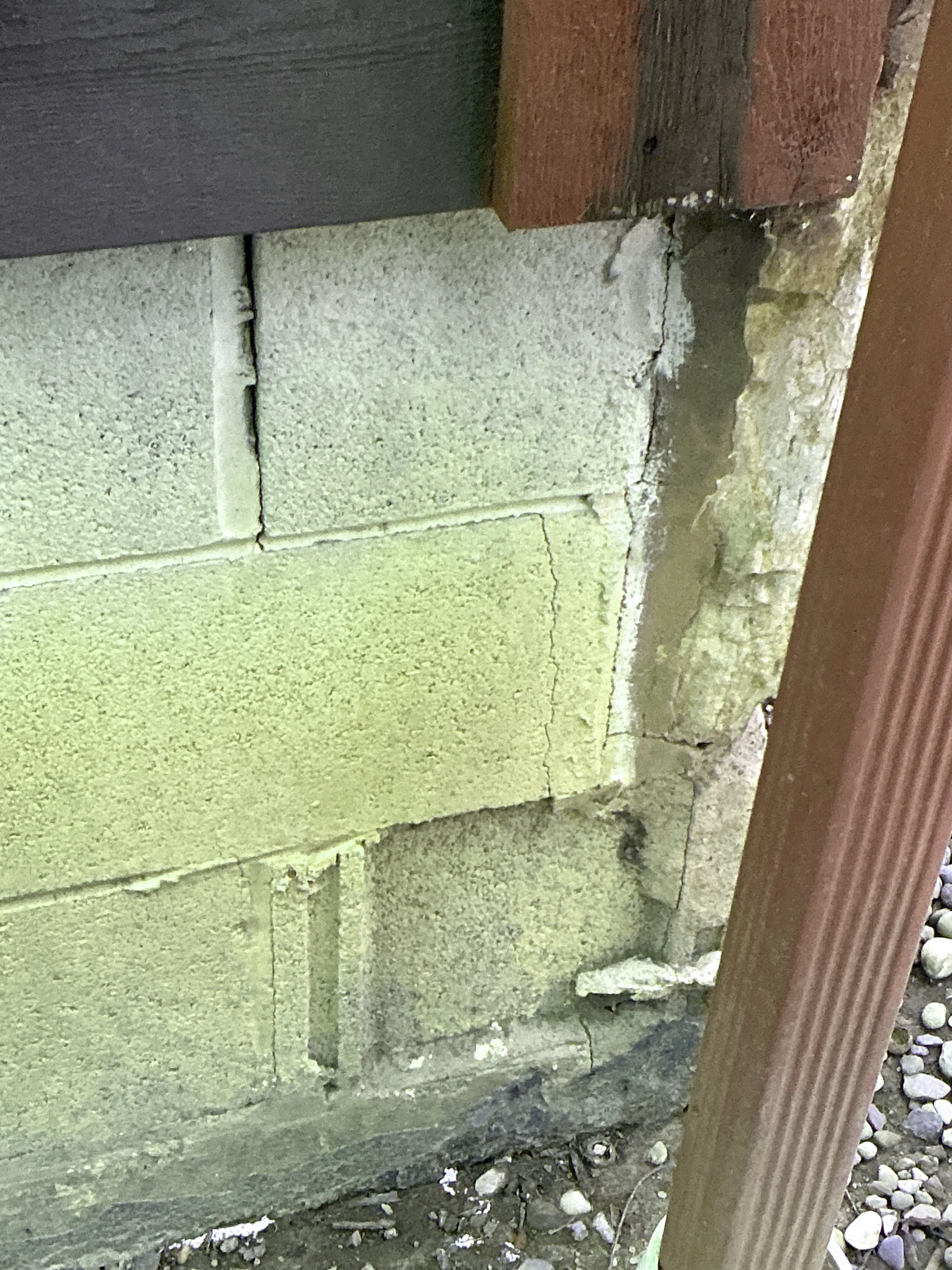 Cracked concrete block foundation wall showing mortar joint deterioration 2026-07-17
