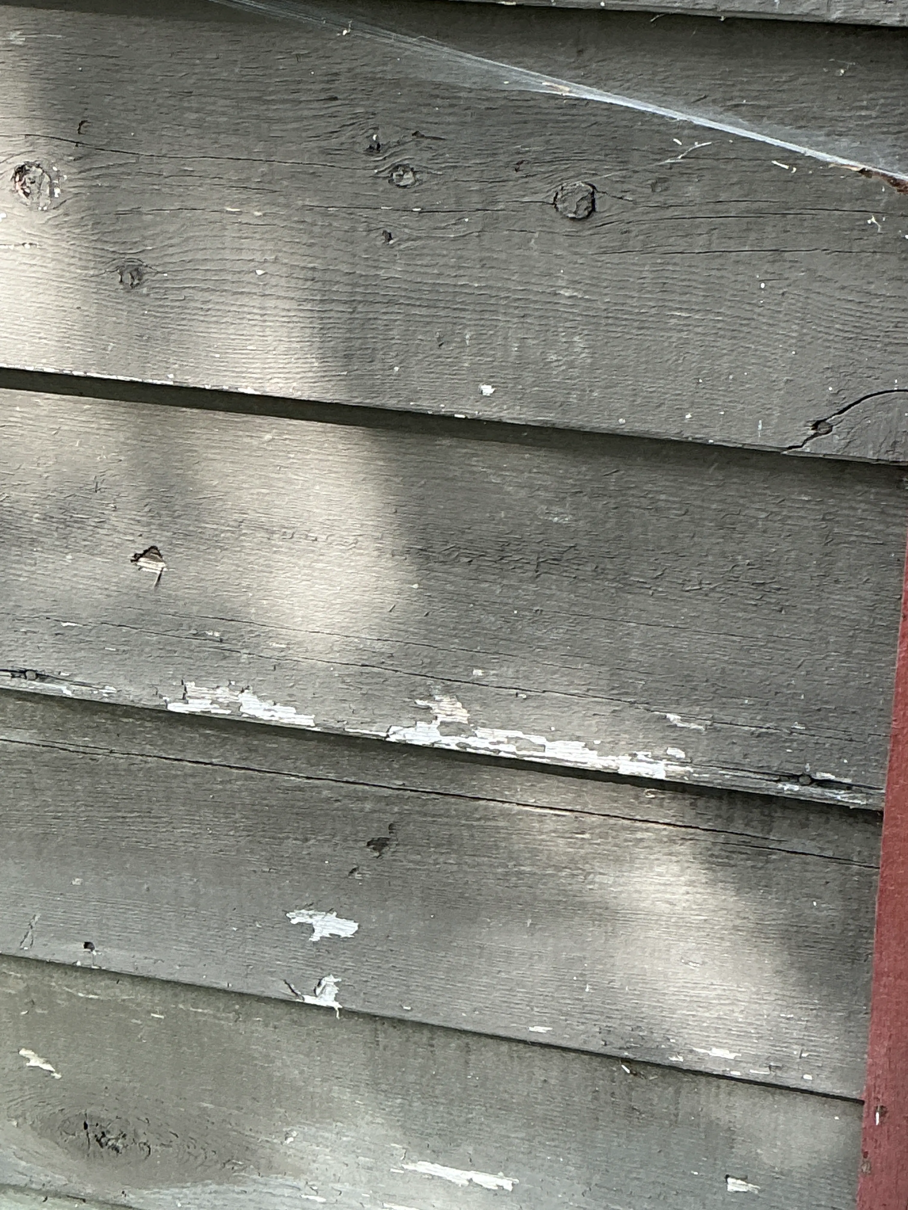 Peeling and flaking paint on weathered wood planks during home inspection 2026-07-18