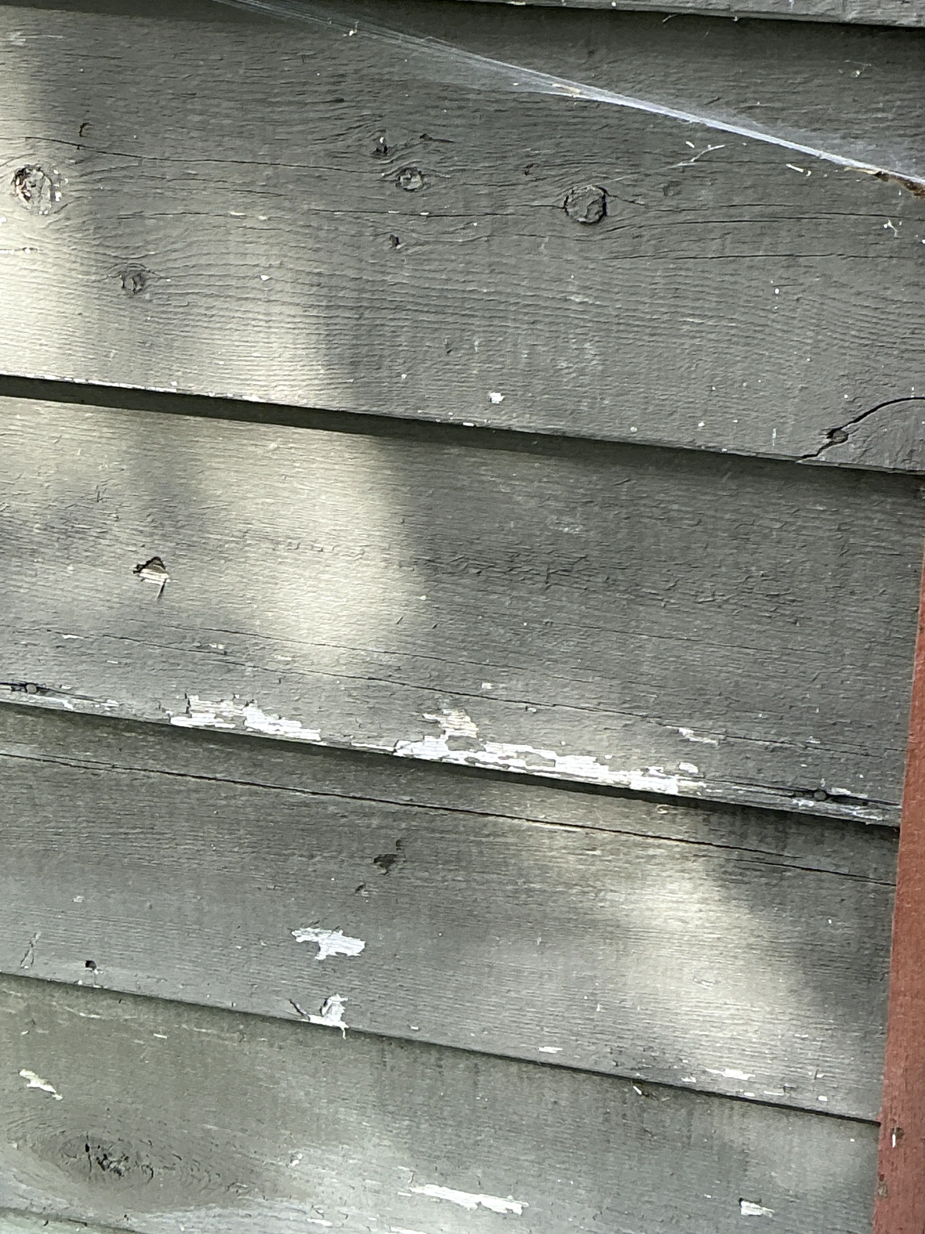 Peeling and flaking paint on weathered wood planks during home inspection 2026-08-23